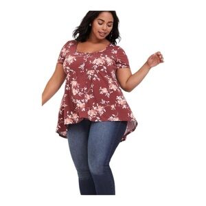 Torrid Short Sleeve Smocked Floral Tunic Brown Cream Roses Large